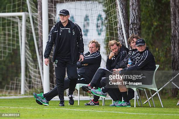 Coach Thomas Schaaf of Hannover 96 looks on during the Friendly Match between Hannover 96 and Gostaresh Foolad FC at training camp on January 13,...