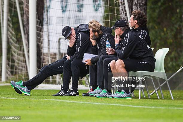 Thomas Schaaf of Hannover 96 sits on the bench during the Friendly Match between Hannover 96 and Gostaresh Foolad FC at training camp on January 13,...