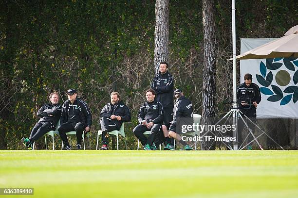 Coach Thomas Schaaf of Hannover 96 sits on the bench during the Friendly Match between Hannover 96 and Gostaresh Foolad FC at training camp on...