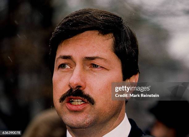 American politician Governor of Iowa Terry Branstad talks with the press on the White House's north lawn, Washington DC, February 24, 1986. He was at...