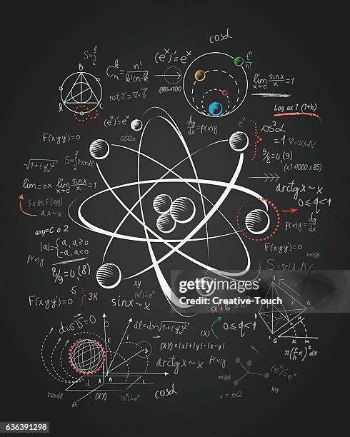 atomic forschung, zeichnung auf dem board - physik stock-grafiken, -clipart, -cartoons und -symbole