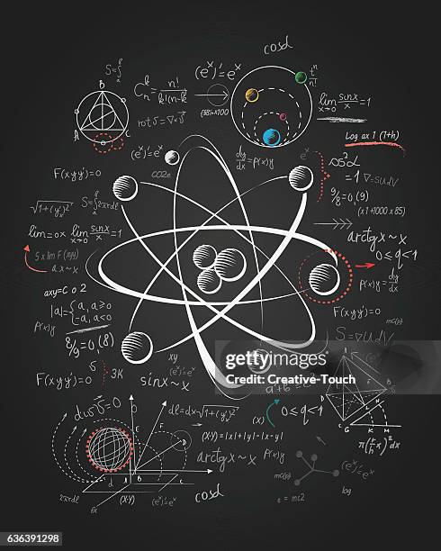 stockillustraties, clipart, cartoons en iconen met atomic research, drawing on the board - natuurkunde