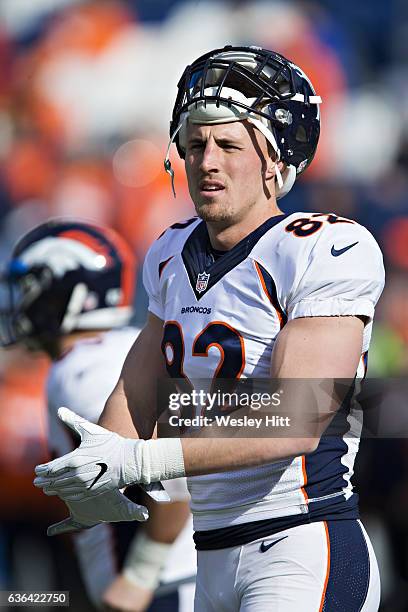 Jeff Heuerman of the Denver Broncos warming up before a game against the Tennessee Titans at Nissan Stadium on December 11, 2016 in Nashville,...