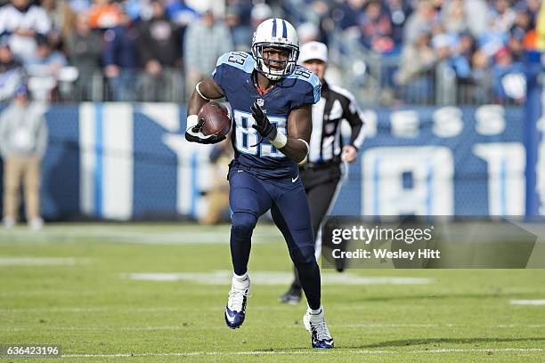 Harry Douglas of the Tennessee Titans runs the ball during a game against the Denver Broncos at Nissan Stadium on December 11, 2016 in Nashville,...