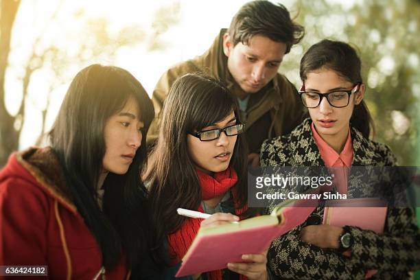 estudantes universitários asiáticos multiétnicos ensinando e aprendendo juntos. - indian college girl - fotografias e filmes do acervo