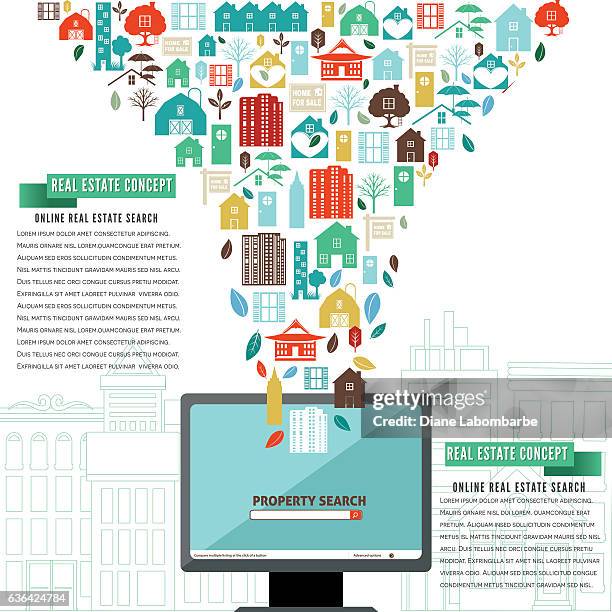 ilustrações de stock, clip art, desenhos animados e ícones de collage of real estate and architecture icons - funnel infographic