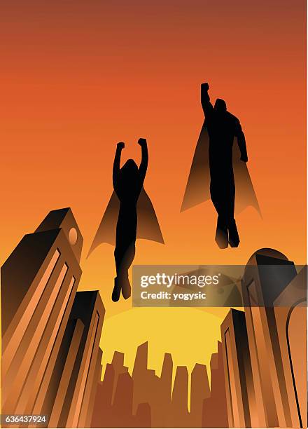 stockillustraties, clipart, cartoons en iconen met superhero couple flying upward - langer mantel