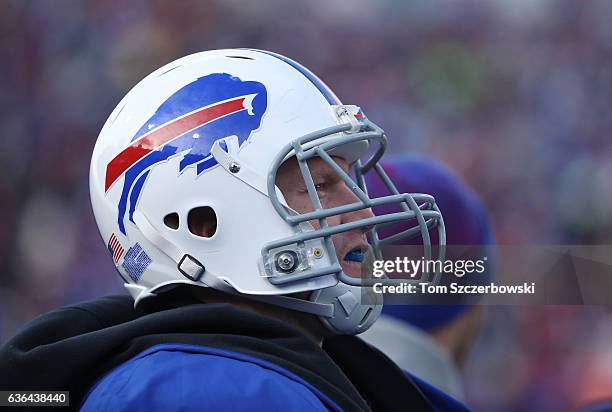 Nick O'Leary of the Buffalo Bills looks on from the sidelines during NFL game action against the Cleveland Browns at New Era Field on December 18,...