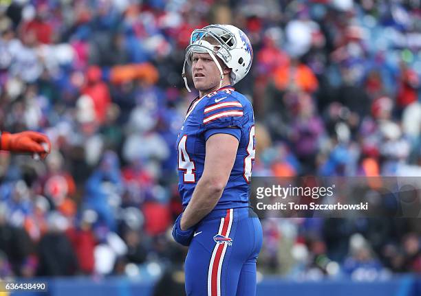 Nick O'Leary of the Buffalo Bills looks on during NFL game action against the Cleveland Browns at New Era Field on December 18, 2016 in Orchard Park,...