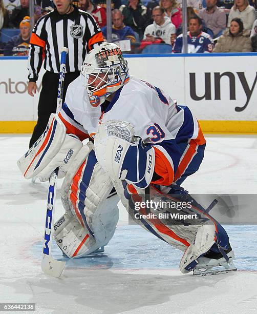 Jean-Francois Berube of the New York Islanders tends goal against the Buffalo Sabres during an NHL game at the KeyBank Center on December 16, 2016 in...