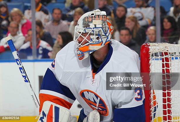 Jean-Francois Berube of the New York Islanders tends goal against the Buffalo Sabres during an NHL game at the KeyBank Center on December 16, 2016 in...