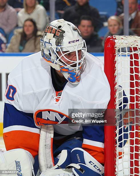 Jean-Francois Berube of the New York Islanders tends goal against the Buffalo Sabres during an NHL game at the KeyBank Center on December 16, 2016 in...