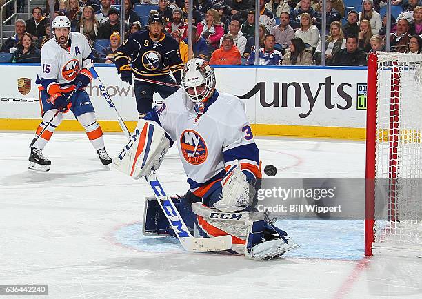 Jean-Francois Berube of the New York Islanders tends goal against the Buffalo Sabres during an NHL game at the KeyBank Center on December 16, 2016 in...