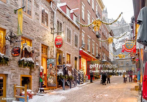 quartier petit champlain, hiver - chateau frontenac photos et images de collection