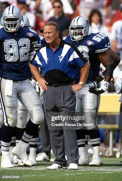 Washington, D.C. Head coach Barry Switzer of the Dallas Cowboys looks on from the sidelines against the Washington Redskins during an NFL football...