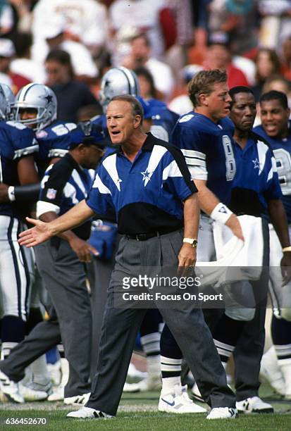 Washington, D.C. Head coach Barry Switzer of the Dallas Cowboys looks on from the sidelines against the Washington Redskins during an NFL football...