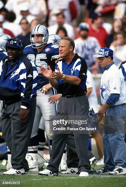 Washington, D.C. Head coach Barry Switzer of the Dallas Cowboys looks on from the sidelines against the Washington Redskins during an NFL football...