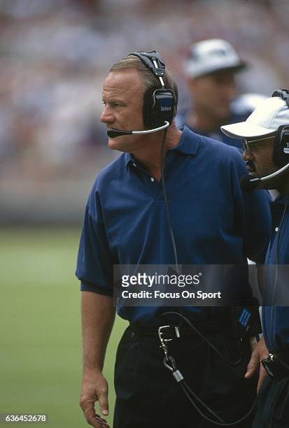 Washington, D.C. Head coach Barry Switzer of the Dallas Cowboys looks on from the sidelines against the Washington Redskins during an NFL football...