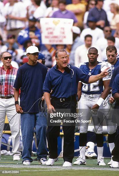 Washington, D.C. Head coach Barry Switzer of the Dallas Cowboys looks on from the sidelines against the Washington Redskins during an NFL football...