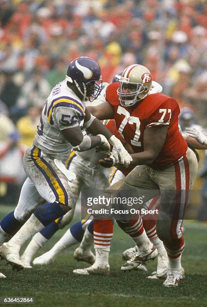 Bubba Paris of the San Francisco 49ers in action against Chris Doleman of the Minnesota Vikings during an NFL football game October 30, 1988 at...