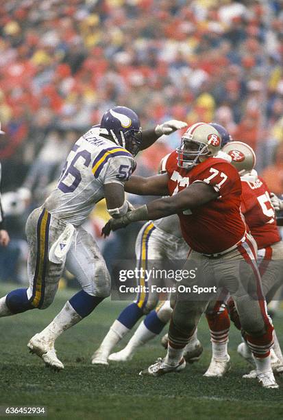 Bubba Paris of the San Francisco 49ers in action against Chris Doleman of the Minnesota Vikings during an NFL football game October 30, 1988 at...