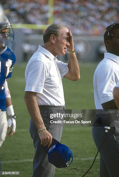 Head Coach Chuck Knox of the Seattle Seahawks looks on from the sidelines during an NFL football game circa 1990. Knox coached the Seahawks from...