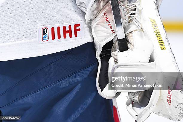 Closeup look at the IIHF embroidered logo on the jersey of goaltender Veini Vehvilainen of Team Finland during the IIHF exhibition game against Team...