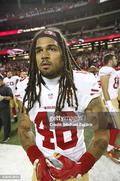 Marcus Ball of the San Francisco 49ers stands on the sideline prior to the game against the Atlanta Falcons at the Georgia Dome on December 18, 2016...