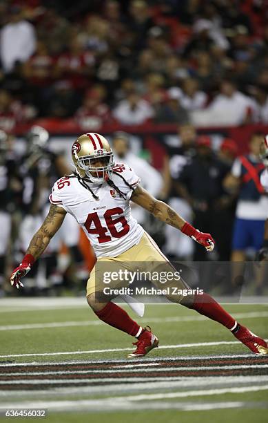 Marcus Ball of the San Francisco 49ers defends during the game against the Atlanta Falcons at the Georgia Dome on December 18, 2016 in Atlanta,...