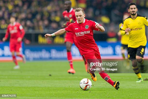 Uffe Manich Bech of Hannover 96 in action during the Bundesliga match between Borussia Dortmund and Hannover 96 at Signal Iduna Park on February 13,...