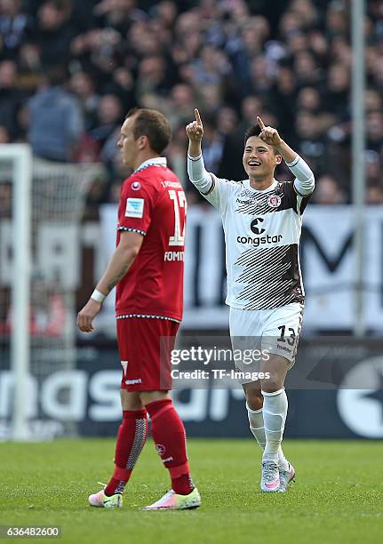 Ryo Miyaichi of FC St. Pauli celebrates after scoring during the Second Bundesliga match between FC St. Pauli and 1. FC Kaiserslautern at...