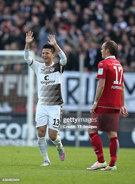 Ryo Miyaichi of FC St. Pauli celebrates after scoring during the Second Bundesliga match between FC St. Pauli and 1. FC Kaiserslautern at...