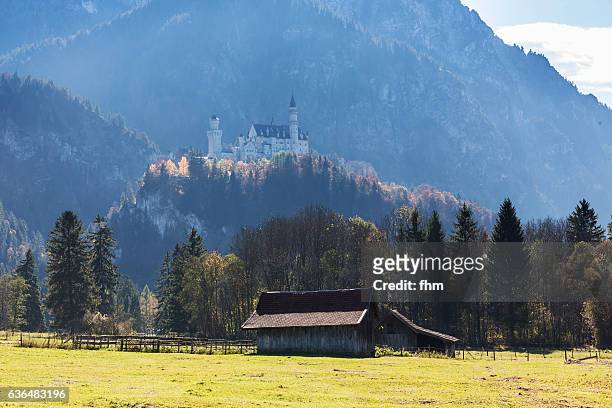 neuschwanstein castle with alps and a hut in the foreground (allgäu/ bavaria/ germany - neuschwanstein stock-fotos und bilder