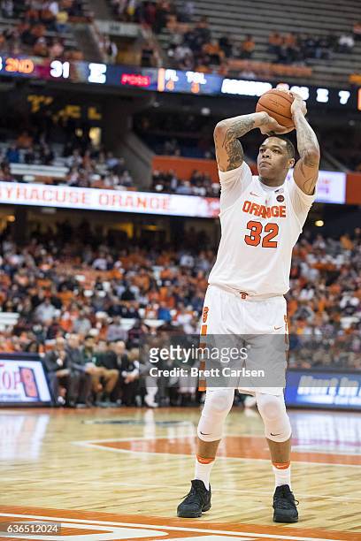 DaJuan Coleman of the Syracuse Orange shoots a free throw during the second half against the Eastern Michigan Eagles on December 19, 2016 at The...