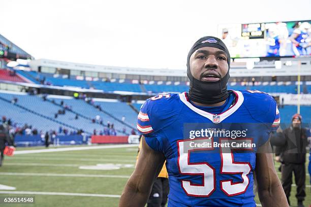 Jerry Hughes of the Buffalo Bills walks off the field after the game against the Cleveland Browns on December 18, 2016 at New Era Field in Orchard...