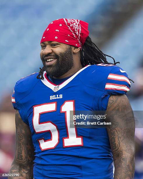 Brandon Spikes of the Buffalo Bills stretches before the game against the Cleveland Browns on December 18, 2016 at New Era Field in Orchard Park, New...