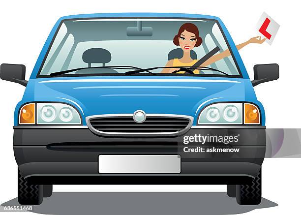 young woman driver in a car - driving lessons l plate stock illustrations
