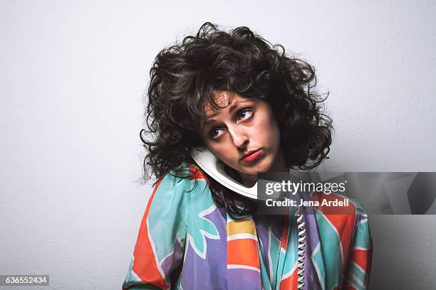 retro woman talking on landline phone - vintage telephone stock pictures, royalty-free photos & images