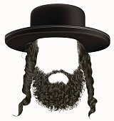 black  hair sidelocks with beard . mask wig jew hassid hat .