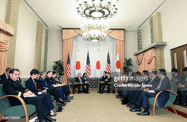 Japan - Japanese Prime Minister Shinzo Abe and U.S. Defense Secretary Chuck Hagel hold talks at the prime minister's official residence in Tokyo on...