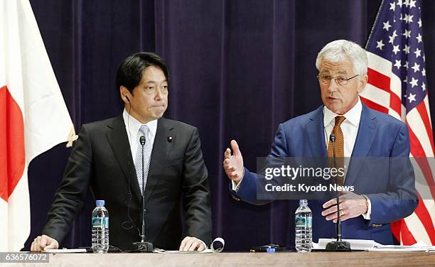 Japan - Japanese Defense Minister Itsunori Onodera and U.S. Defense Secretary Chuck Hagel hold a press conference after their talks at the Defense...