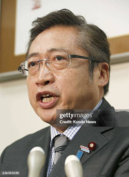 Japan - Your Party leader Yoshimi Watanabe holds a press conference at the Diet building in Tokyo on April 7 to announce he will quit as head of the...