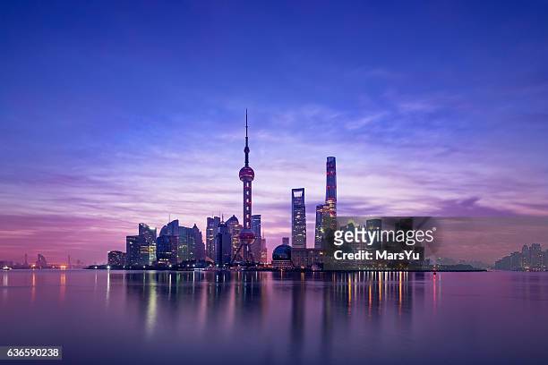 panoramic skyline of shanghai - shanghai stockfoto's en -beelden