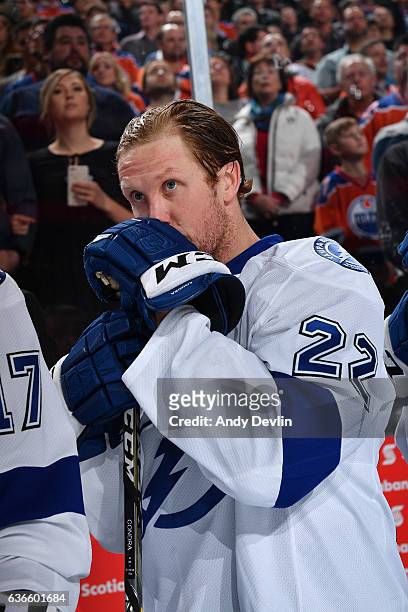Erik Condra of the Tampa Bay Lightning stands for the singing of the national anthem prior to the game against the Edmonton Oilers on December 17,...