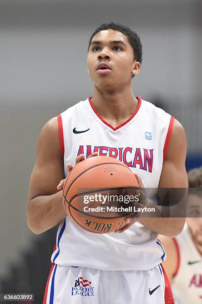 Sa'eed Nelson of the American University Eagles takes a foul shot during a college basketball game against the Maryland-Eastern Shore Hawks at Bender...