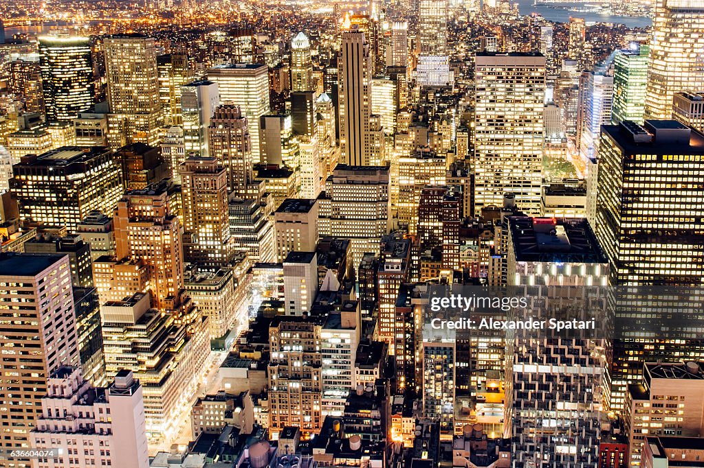 Illuminated skyscrapers of Manhattan at night, New York City, NY, USA