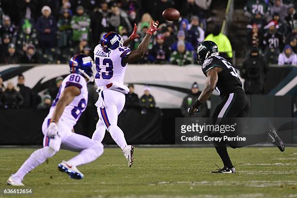 Bobby Rainey of the New York Giants can't haul in a reception during the fourth quarter against the Philadelphia Eagles at Lincoln Financial Field on...