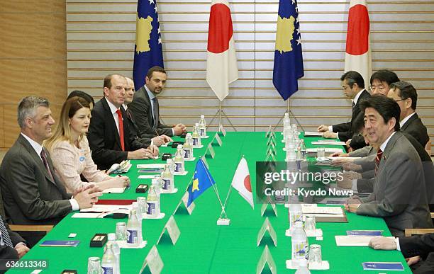 Japan - Prime Minister Shinzo Abe holds talks with Kosovo Prime Minister Hashim Thaci at the Japanese prime minister's office in Tokyo on April 14,...