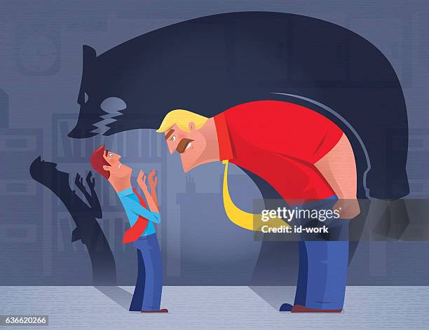 boss blaming staff with angry bear shadow - partner violence stock illustrations