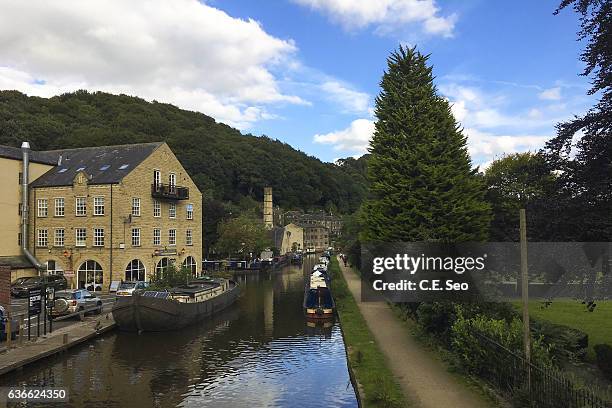 boats in the canal - hebden bridge stock pictures, royalty-free photos & images